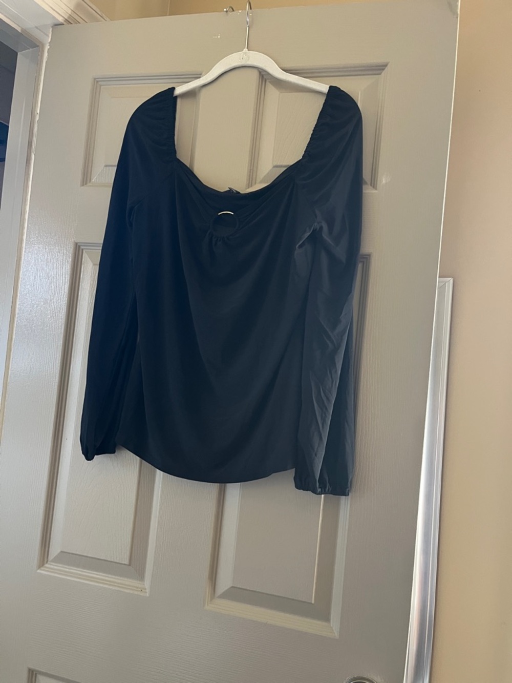Women’s Long Sleeve Black Square-Neck Top with Ring Detail